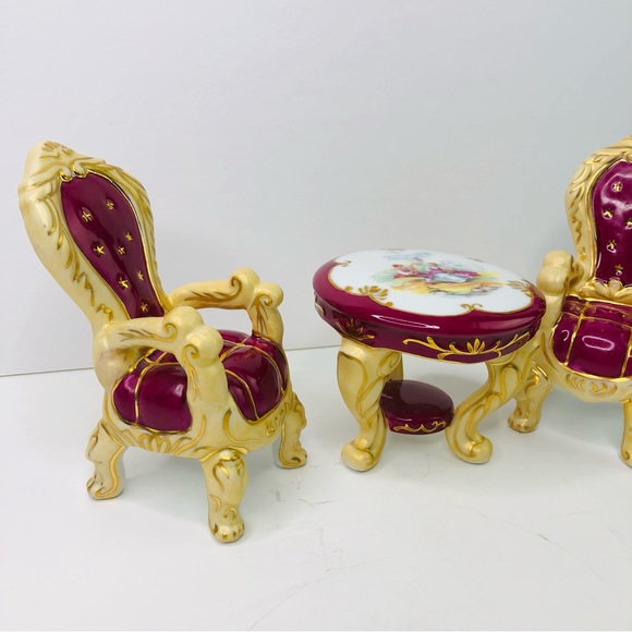 Vintage 1898 China Company Miniture Porcelain Dollhouse Table & Chairs Set of 3 - Picture 3 of 10